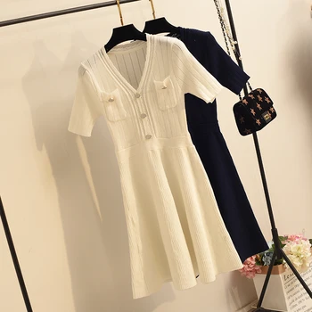 

Spring Summer Sexy Hollow Out V Neck Short Sleeve Knitted Dress Elegant Diamond Button Knee-length Dress Cute Slim Fairy Dress