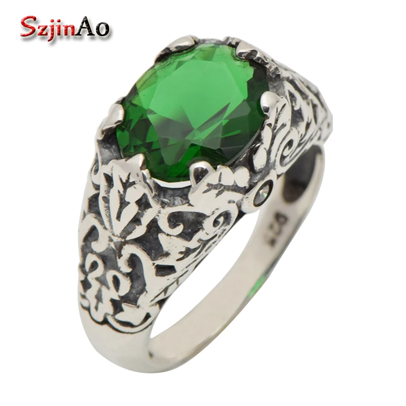 

Szjinao New Trend European Royal Classic Green Emerald Ring Archaize Aristocratic Women Solid 925 Sterling Silver Ring