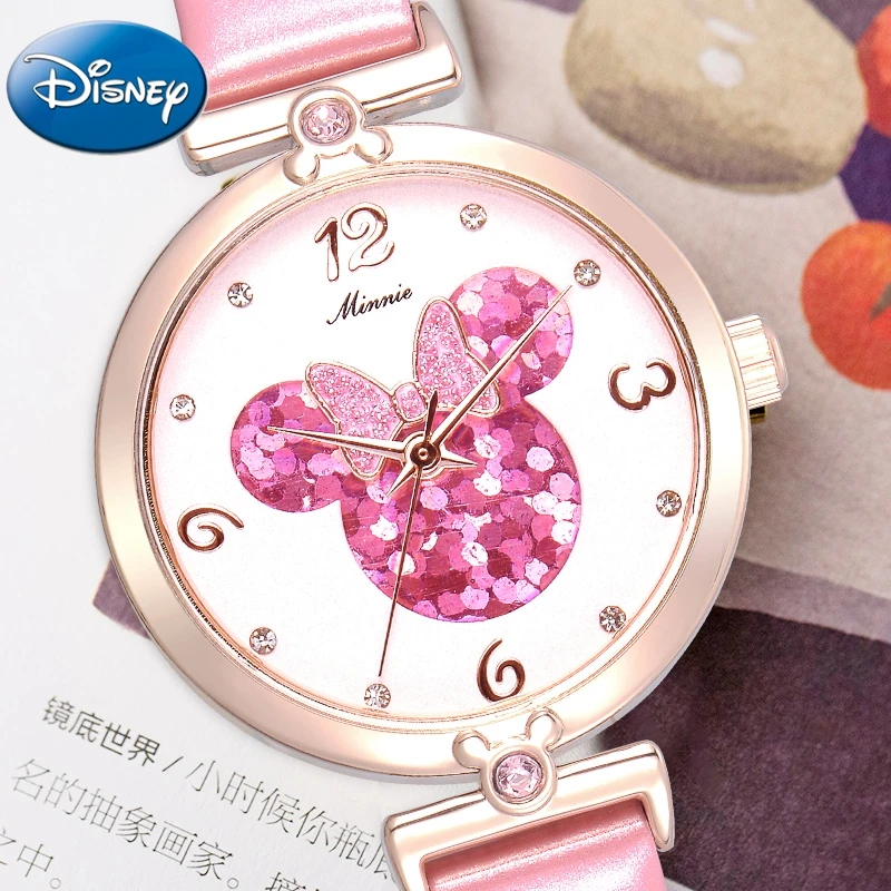Disney Women Lovely Pretty Smart Minnie Cuties Watch Girl Very Beautiful Leather Strap Quartz Clock Genuine Quality Gift Clocks