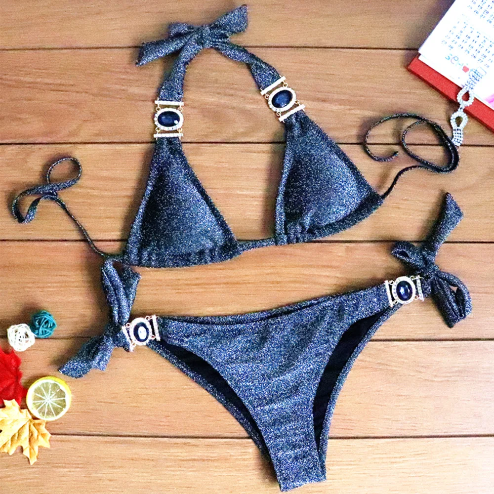 Rhinestone Bikini 2019 Shiny Swimsuit Women Bikinis Crystal Diamond Bikini Set Metal Chain Swimwear female Bandeau Swimming Suit