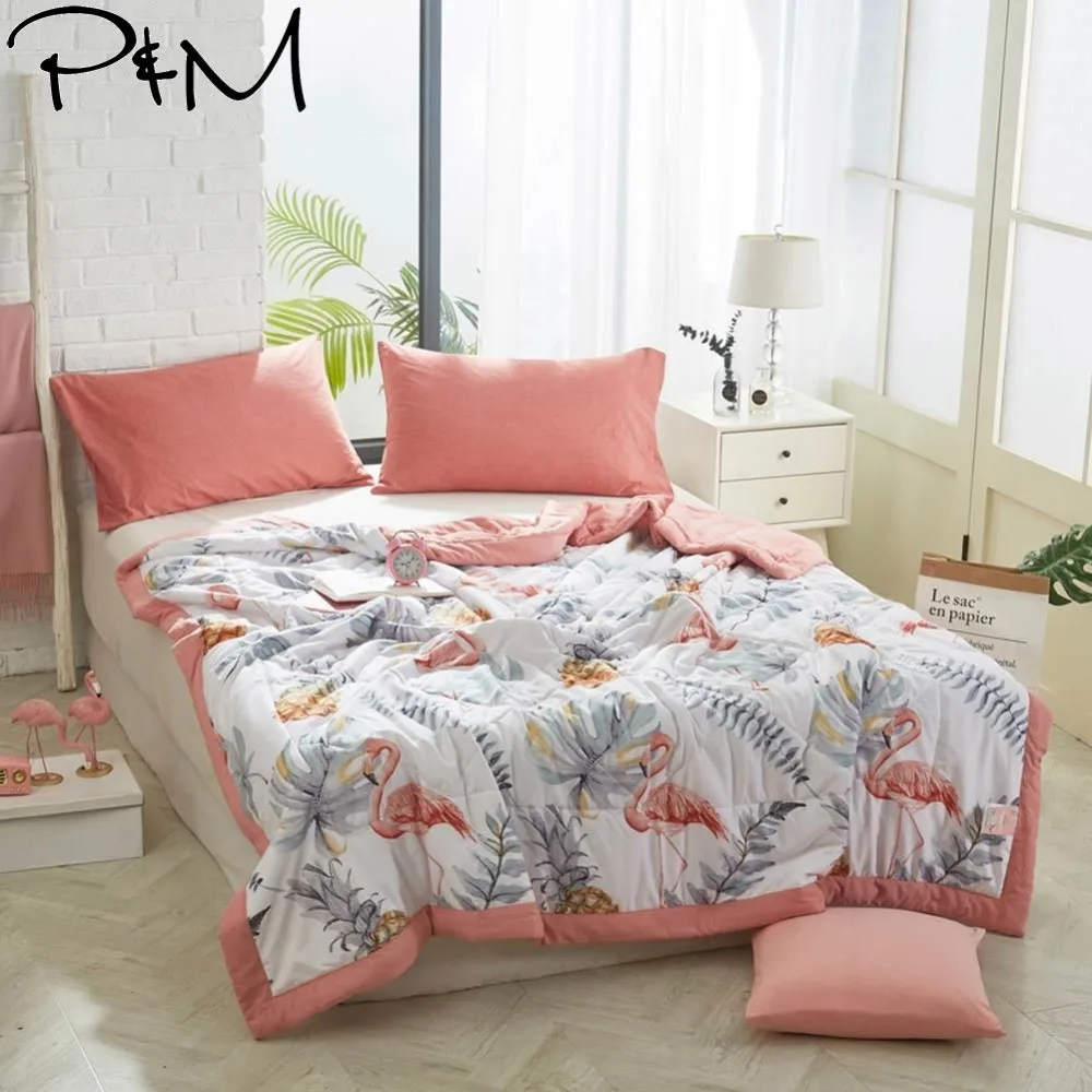 

2019 Pink Leaves Flamingo INS Stitching Comforter Wash Polyester Fabric Thin Summer Quilt Air-condition Twin Full Queen Size