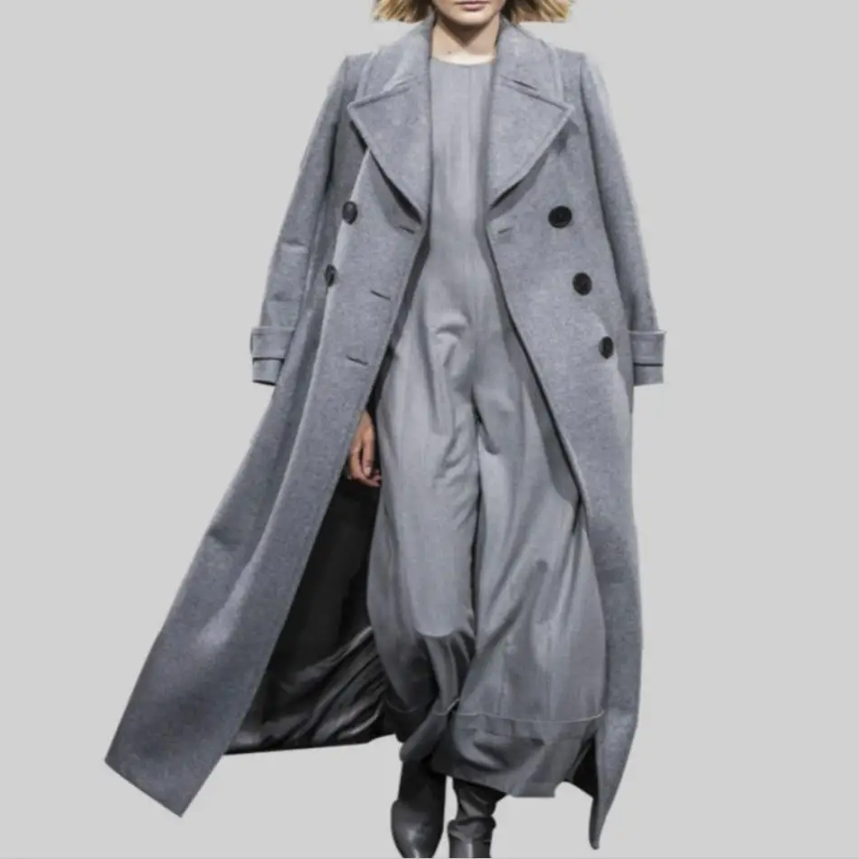

2019 autumn winter fashion double breasted wool blends women coat long slim cashmmere coat plus size 2XL