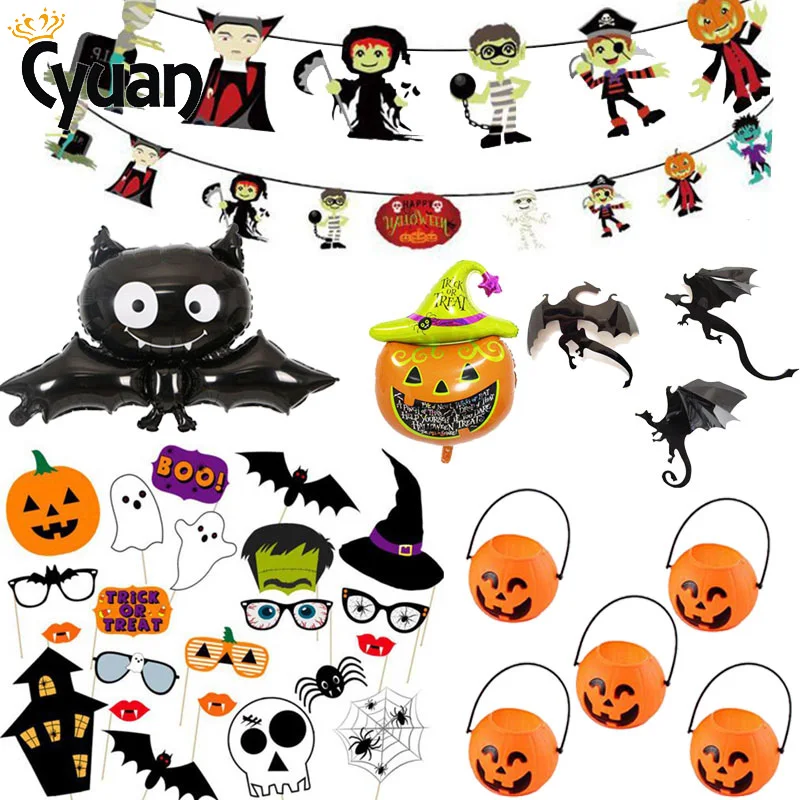 

Halloween Paper Garland Bunting Banners Cartoon Pumpkin Ghost Balloons Spiderweb Fireplace Mantle Cover Halloween Decorations