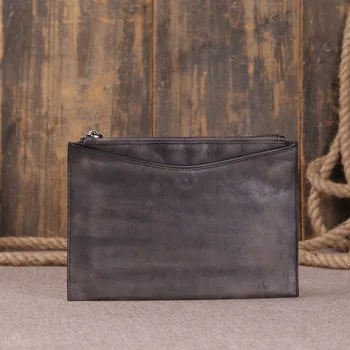 

Unisex Vintage Business File Bags Genuine Cow Leather Women Men Thin Envelope Phone Case Purses Fashion Casual Day Clutches