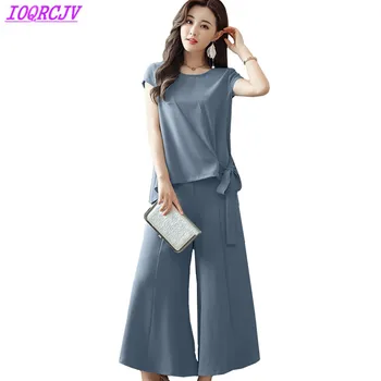 

Two piece set summer Women 2018 wide leg pants set Short-sleeved T-shirt top Plus size Casual female pants sets IOQRCJV H270