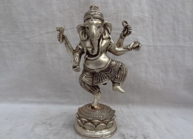 

S3241 China Silver Lotus 4 Arms Ganapati Ganesh Lord Ganesha Tibet Buddha Mouse Statue D0317