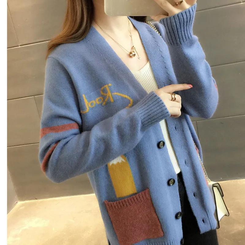 

Women Fall Knitted Cardigan With Button V-Neck Long Sleeve Pocket Sweater Warm Casual Ladies Fashion Knit Autumn Sweaters Female