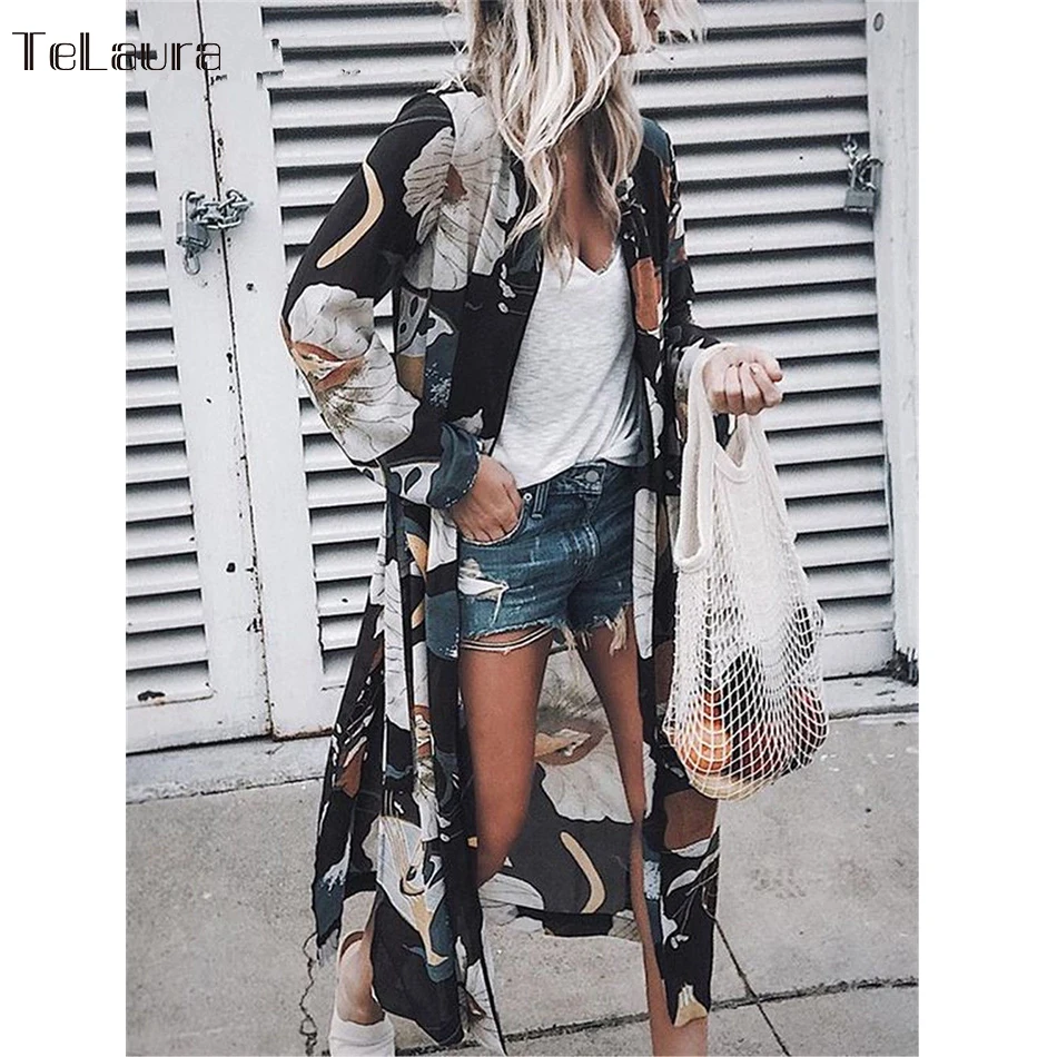 

2019 Sexy Beach Cover Up Swimsuit Floral Beach Long Dress Women Bikini Swimwear Summer Long-Sleeved Printed Chiffon Blouse