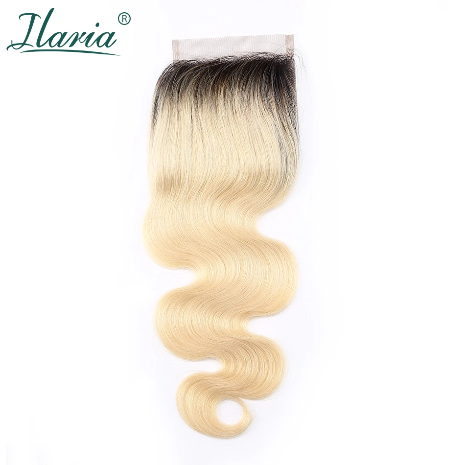 ILARIA HAIR 1B 613 блонд человеческие волосы Кружева Закрытие 4x4 с Детские волосы волнистые 2 тона темные корни Омбре закрытие отбеленные узлы