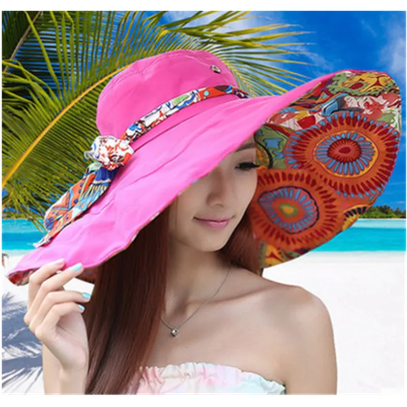 Женская широкополая Цветочная печатная Двусторонняя шляпа с бантом с широкими большими полями летние пляжные шляпы с двумя боками можно носить кепку с защитой от ультрафиолетовых лучей