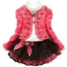 Комплект из 3 предметов для девочек-подростков, Детская короткая куртка с цветочным рисунком, пальто+ кружевная блузка, рубашка+ Кружевная юбка-пачка с бантом в горошек, комплекты одежды