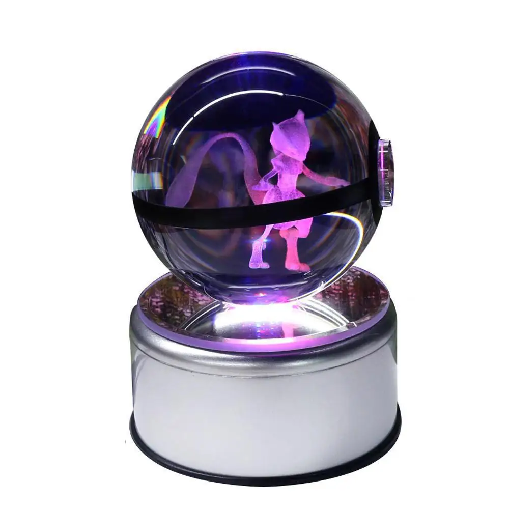 

Mew 3D Pokemon Crystal Ball Fancy LED Lighting and Spinning Primary Base Advance 3D Laser Engraving Valentine Childrens Gift