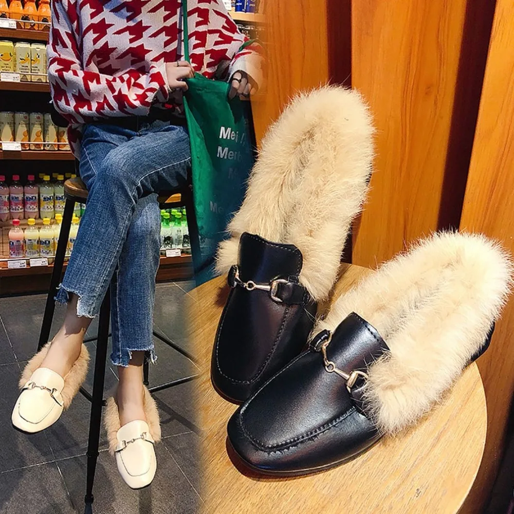 

Women Fur Slippers Plush Home Slipper Slip On Mule Women Flat Casual Shoes British Buckle Loafer Women Outdoor Slipper Chaussure