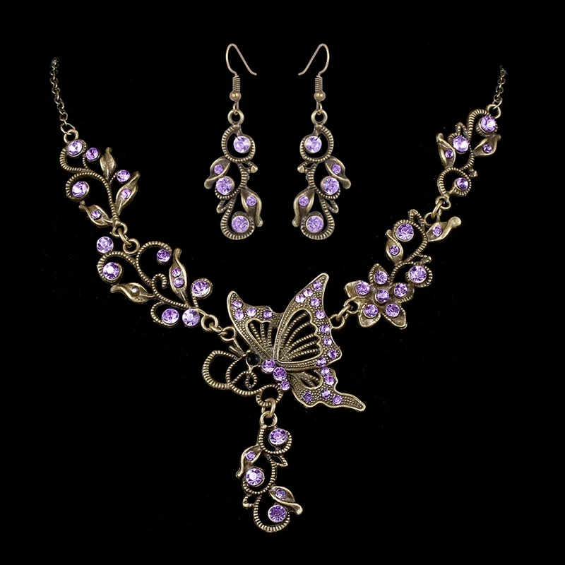

Vintage Women Butterfly Flower Crystal Wedding Necklace Earrings Jewelry Set Matching Bridal Jewelry Sets Parure Bijoux Femme