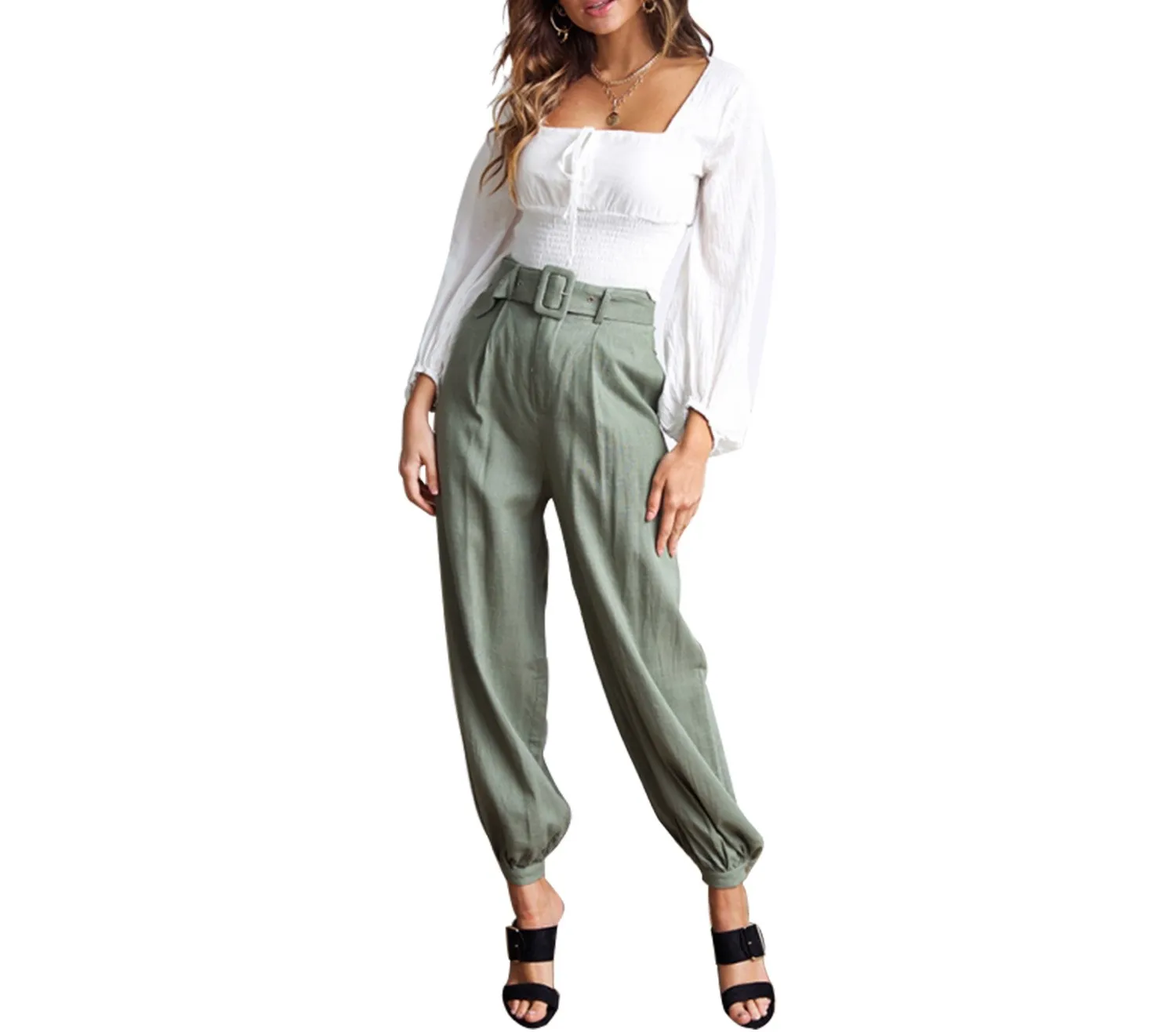 

Fashion 2019 Summer Women Bohemia High Waist Cigarette Pants Zipper Fly Solid Harem Pants Morandi Color Belt Loose Trousers