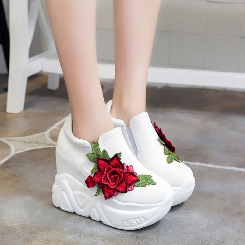 

Woman Platform Wedges 2018 12cm Super High Heel Canvas Casual Shoes White Lacing Ladies Leisure Casual Sneakers Shoes Woman