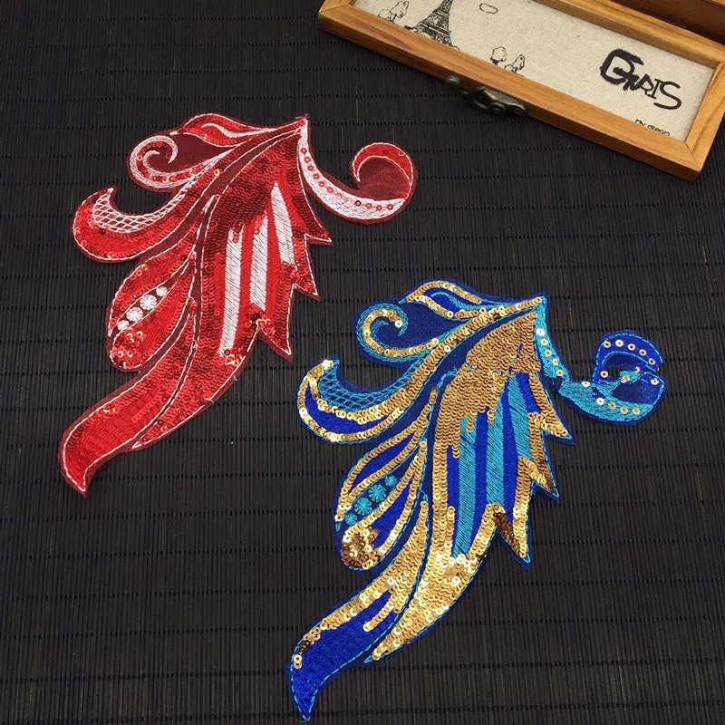 Sequins phoenix tail applique patches red blue vintage embroidered Fabric applique garment dress