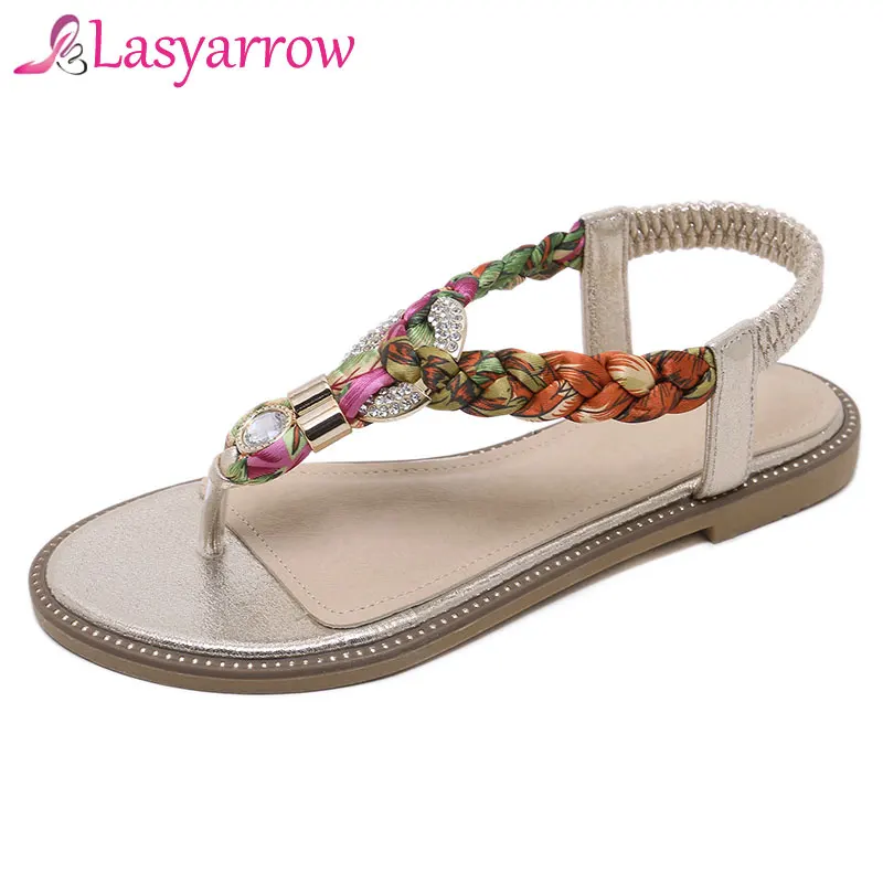 

Lasyarrow Women Shoes Fashion Women Sandals Elastic T-strap Bohemia Beaded Slipper Flat Crystal Sandals Women Summer Flip Flops