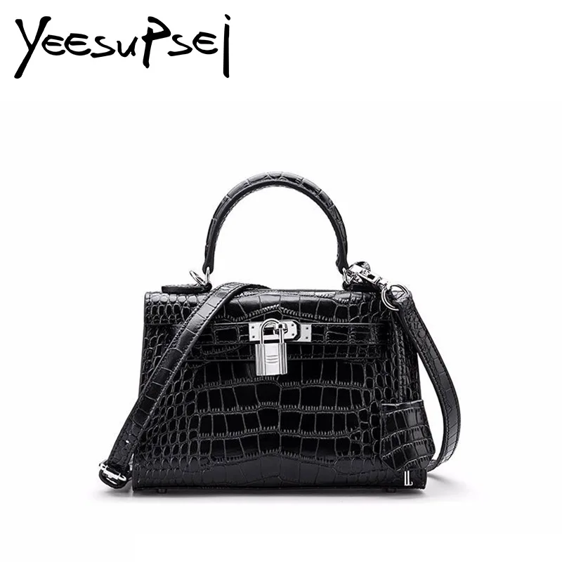 

YeeSupSei Women Genuine Cowhide Leather Flap Bag Alligator Pattern Handle Hard Leather Bag Metal Lock Key Small Messenger Bag