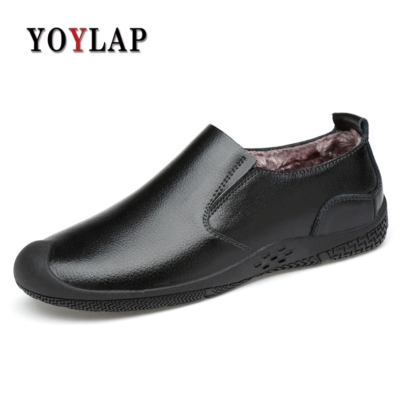 

YOYLAP Genuine Leather Fashion Male Footwear For Men Casual Shoes Adult 2018 Winter Warm Fur Walking driving Shoes