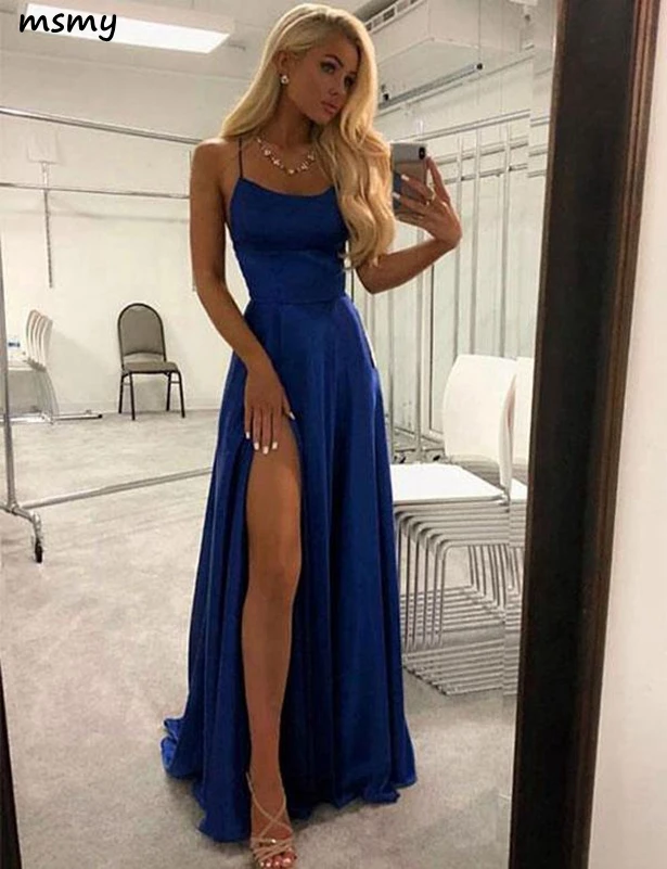 Spaghetti Straps A Line Navy Blue Prom Evening Dress With Split Front 99