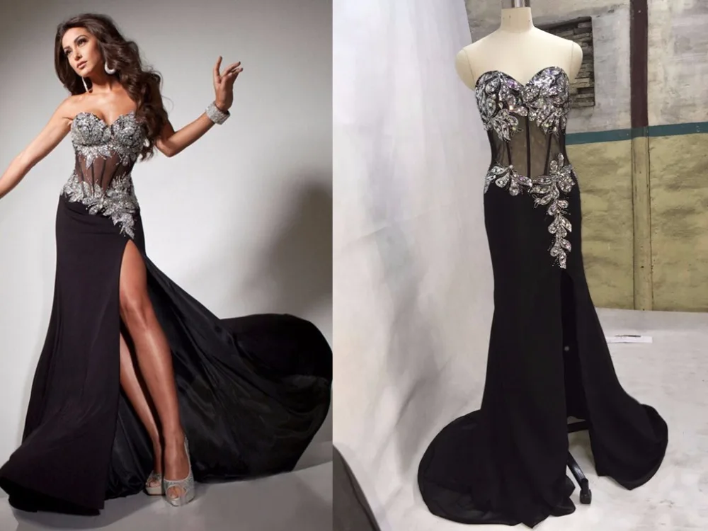 2017 Sexy Black Prom Dresses Sheer Chiffon Corset Mermaid Sweetheart