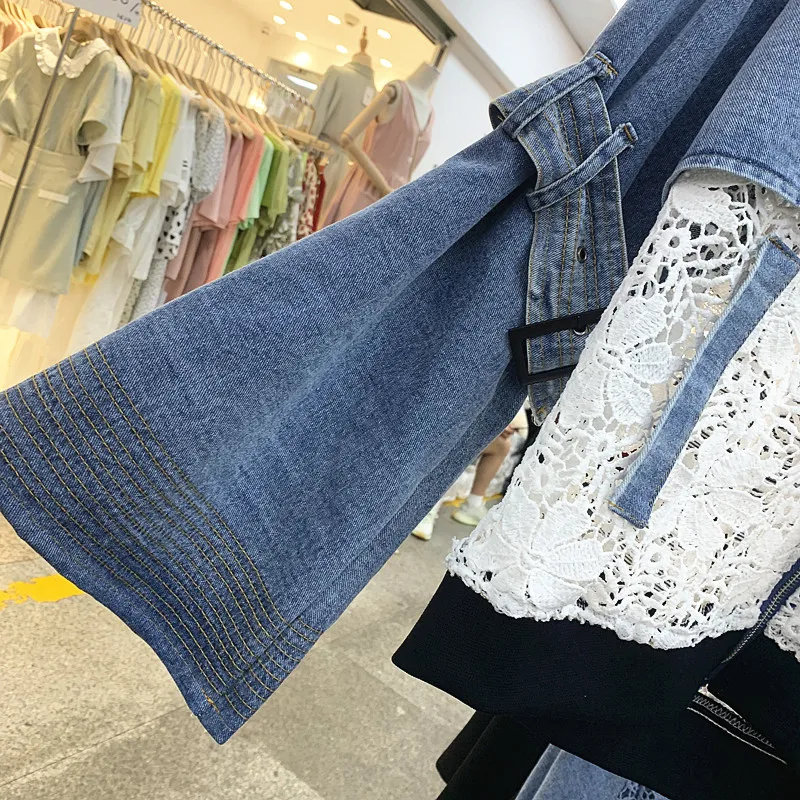 Harajuku Back Hollow Out Lace Stitching Jeans Jacket Girls Lady Loose Horn Sleeve Cowboy Coat Women Fall Denim Top Basic Coats