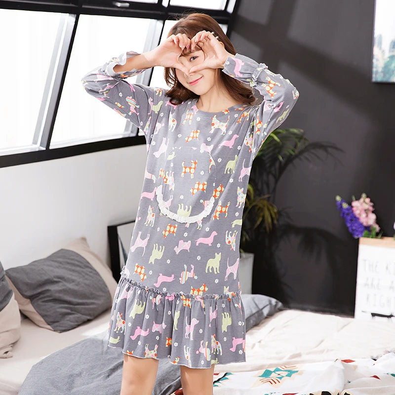 Kintted Cotton Spring Nightgown Women Sleeprobe Sets Lounge Cute