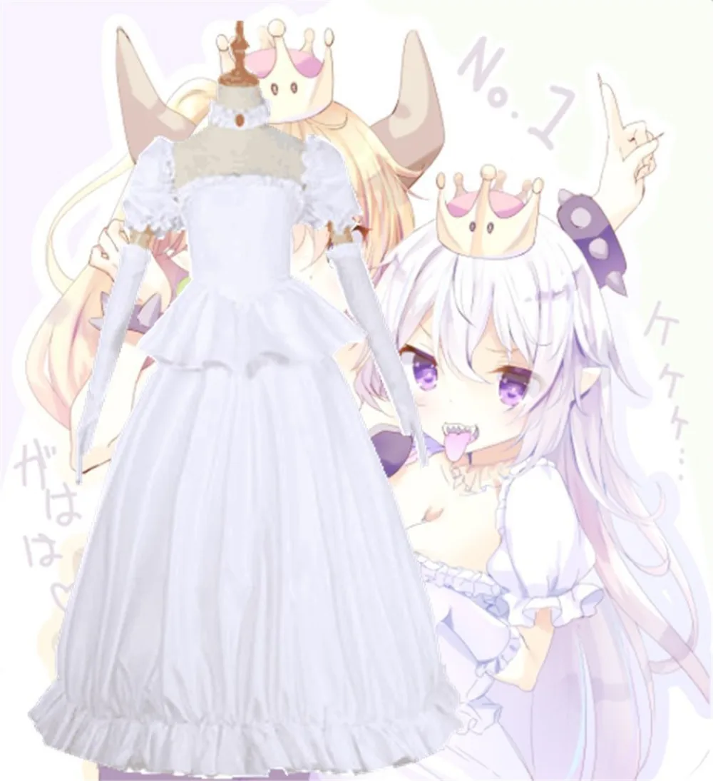 

2019 Boosette Cosplay Costume Bowsette Cosplay Princess Koopa White Costume Women Long Dress Ball Gown Retro Medieval Dress