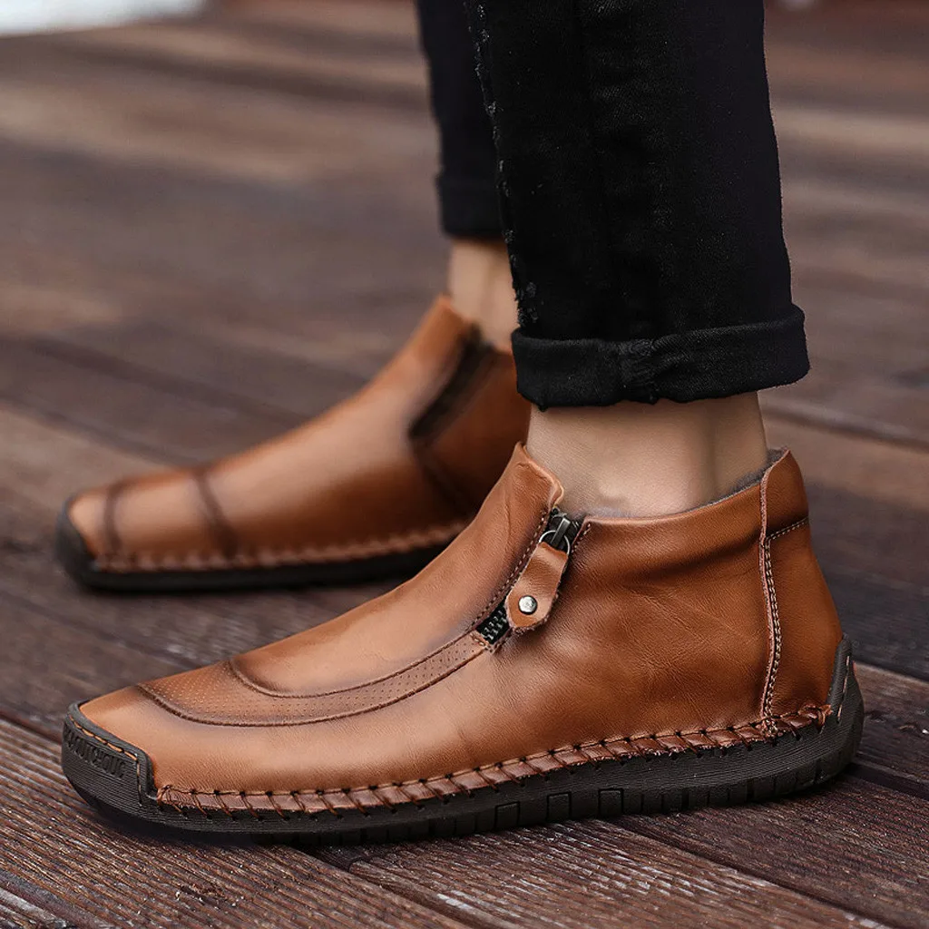 Rounfd/Плюшевые мужские ботинки из флока; большие размеры; повседневные мужские бархатные лоферы на молнии; кожаная мужская зимняя обувь; Zapatos