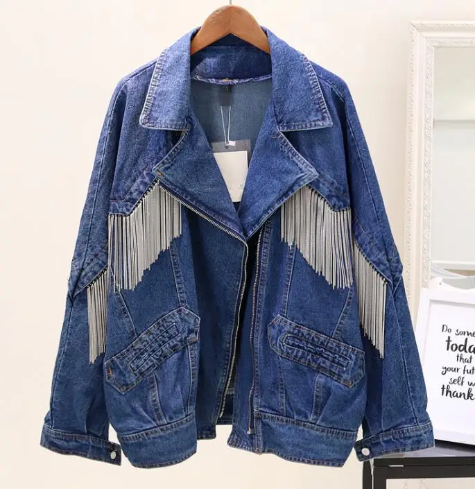 wonderful  2018 New Spring Autumn Women's Loose Chain Tassel Denim Jacket Blue Cowboy Coat Female Students Cas