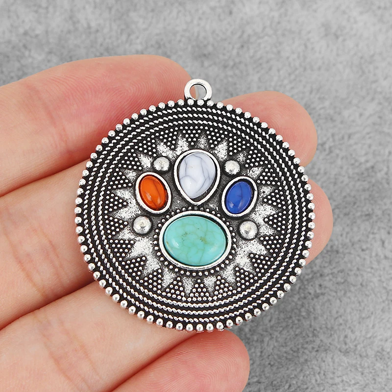 

4PCS Antique Silver Large Round Stone Charms Pendants for Necklace Making Jewelry Findings 43*40mm