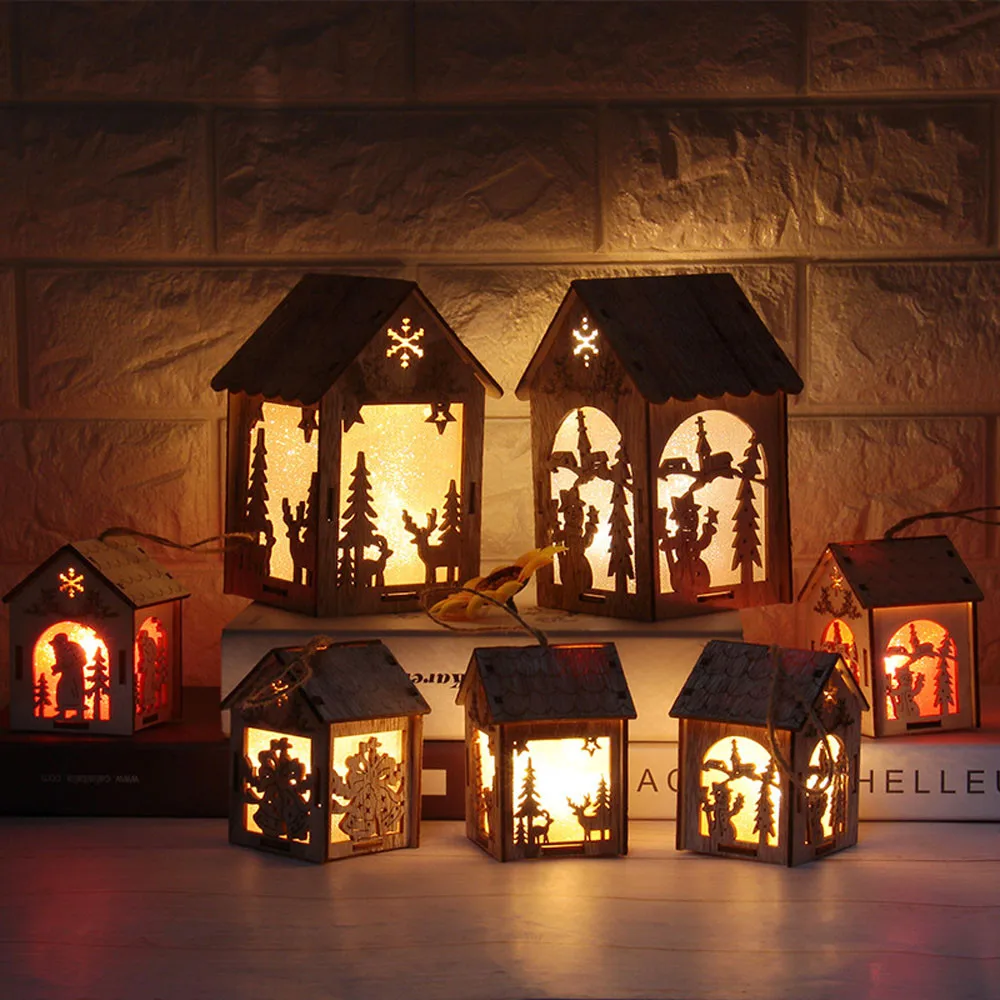 

Battery Christmas Ornaments Glowing Cabin Hotel Bar Window Desktop Display Wooden Baubles DIY Gift Christmas tree Glowing Cabin