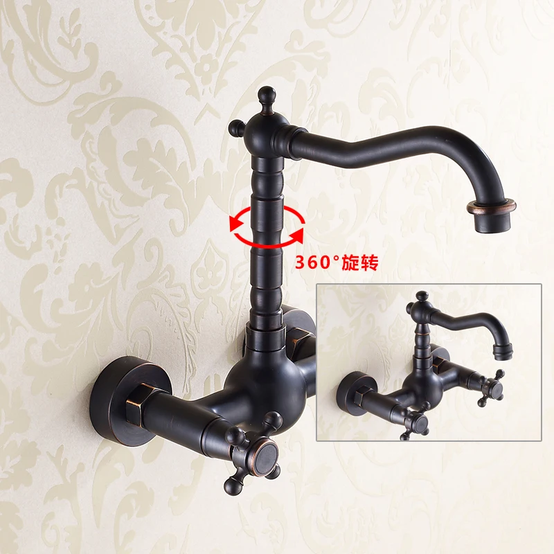 

Wall Mounted Dual Handle Three Holes Black Faucet Hot and Cold Mixer Tap