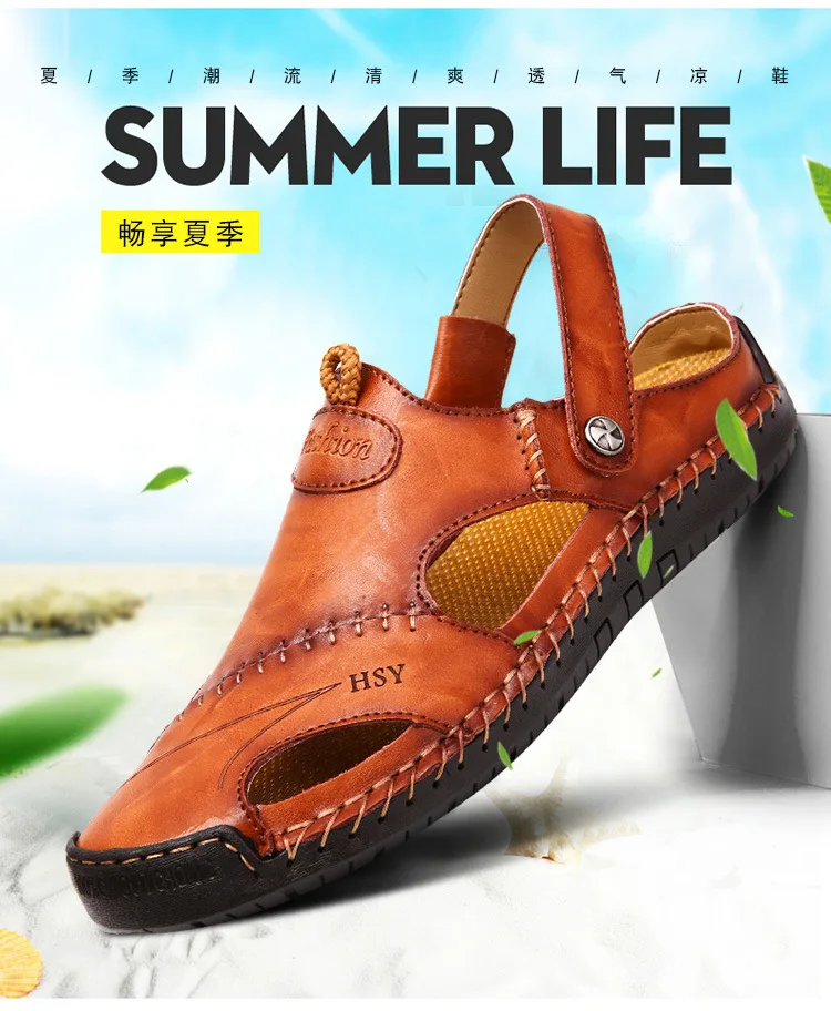Кожаные повседневные сандалии Новая летняя обувь с дырками пляжная обувь большого размера 48 Baotou Нескользящая Повседневная дышащая мужская обувь