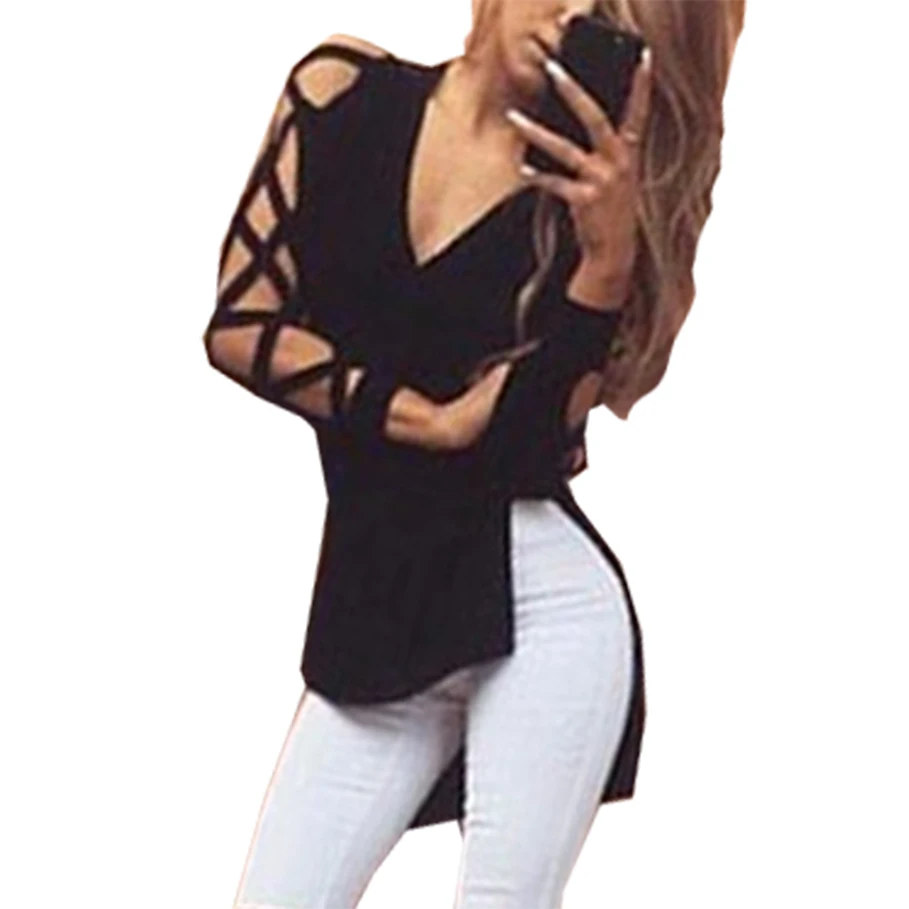

Sexy Shirts 2018 Spring Chic V Neck Long Sleeve Irregular T -Shirt Summer Hollow Out T Shirts Split Tees Loose Women Tops M0395