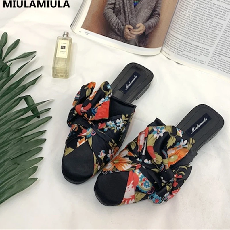 

MIULAMIULA Brand Designers 2019 Spring Elegant Print Flower Big Butterfly-knot Woman Shoes Flat Slipper Slip On Loafers Mules