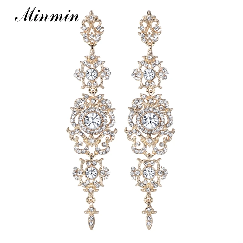 

minmin Gold Jewelry Gilded Long Earrings for Women Floral Shape Fashion Crystal Accessory Dangle Earring EH182-gold