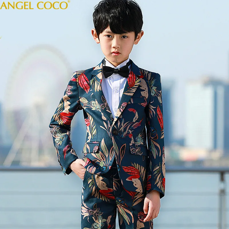 5 piece Handsome Printed Costume Enfant Garcon Mariage Children Suit Kids Blazers Boys Suits For Weddings Vestidos De Noiva