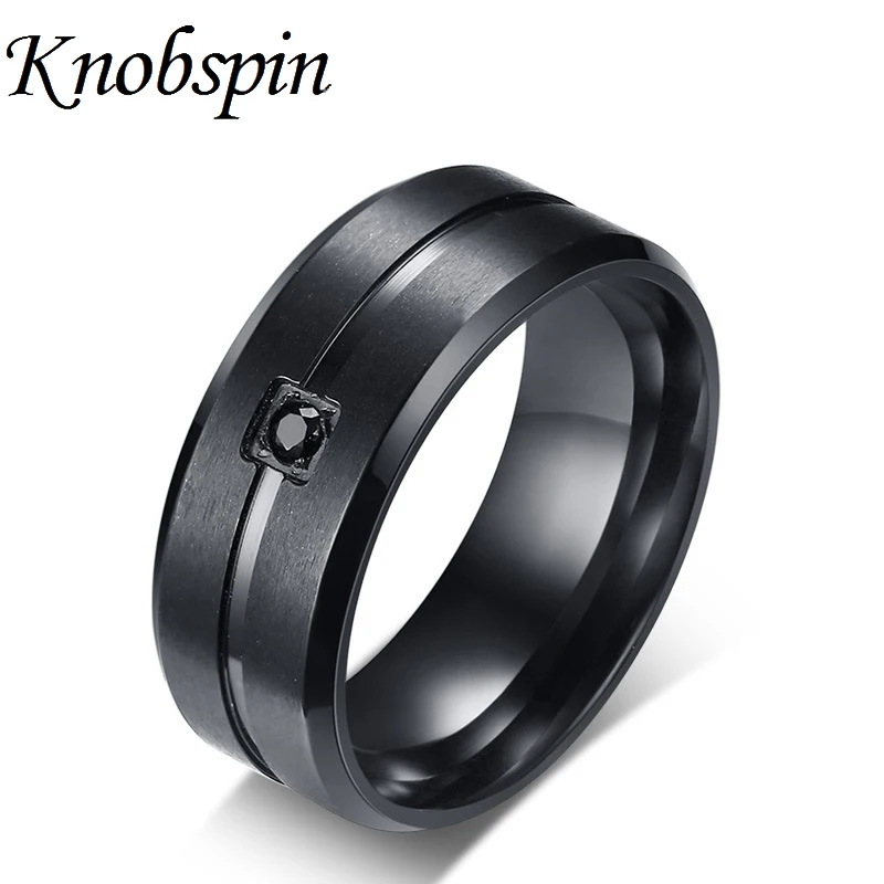 

8MM Black Wedding Band Plated Stainless Steel and Square Bezel CZ Grooved Inlay Men Ring Comfort Fit Beveled Edge Male Jewelry