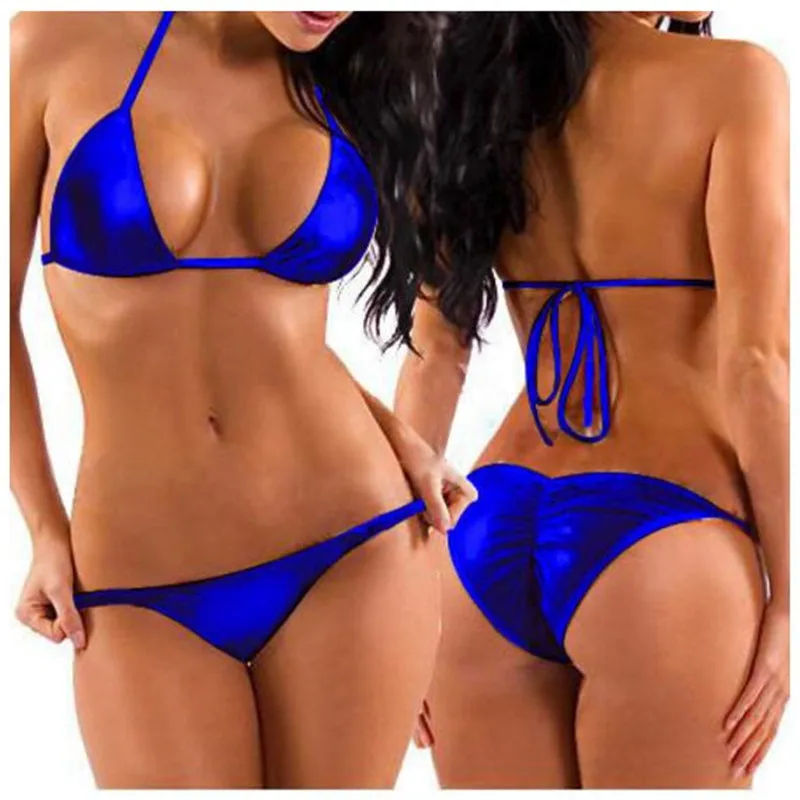 Sexy Women Two-Piece PU Leather Bikini Swimsuit Mini Triangle Thongs+Bra Tops,Lacing Adjust Cute Bathing Bikinis Set Swimwear