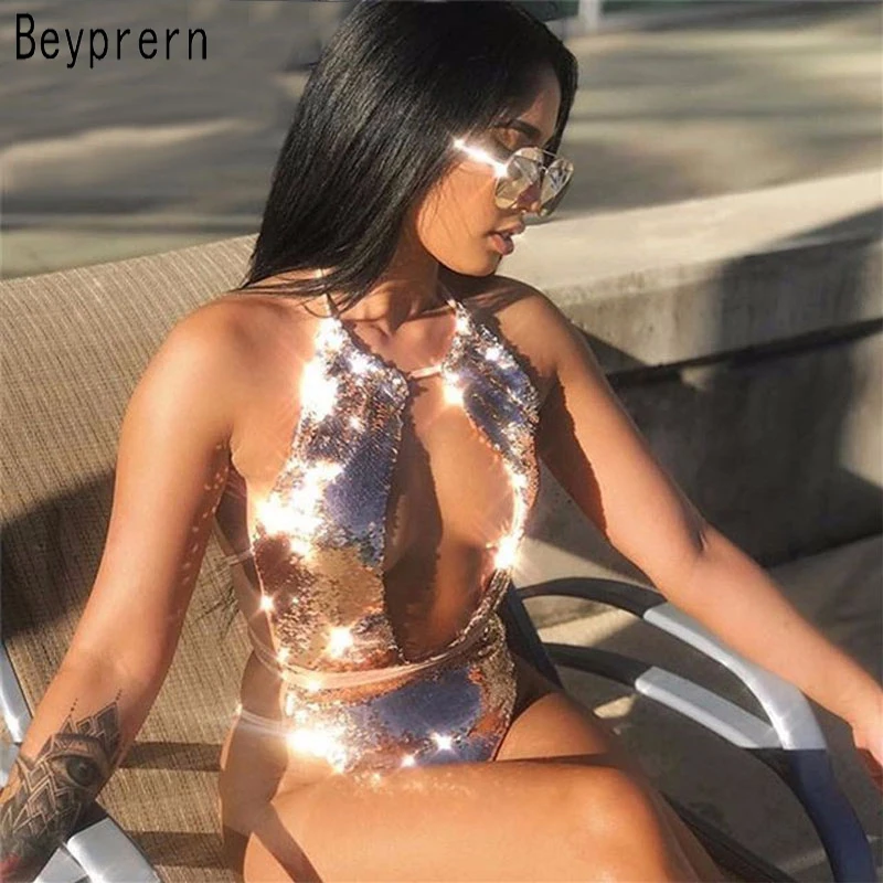 

Beyprern Sexy Backless Halter Neck Lace Up Beach Bodysuit 2018 Summer Women Glitter Sequined Bandage Wrapped Rompers Beach Wear