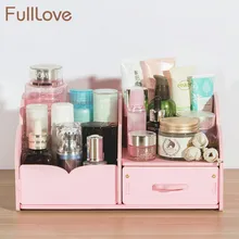 FullLove Wooden Cosmetics Storage Drawers & Racks Solid Color Pink Jewelry Casket 2 Grids DIY Make Up Box Desktop Organizer