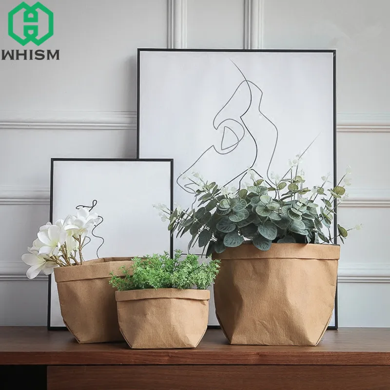 

WHISM Kraft Paper Storage Bag Folding Flowers Pouch Children Toys Container Laundry bag Sundries Holder Home Decor Storage Bag