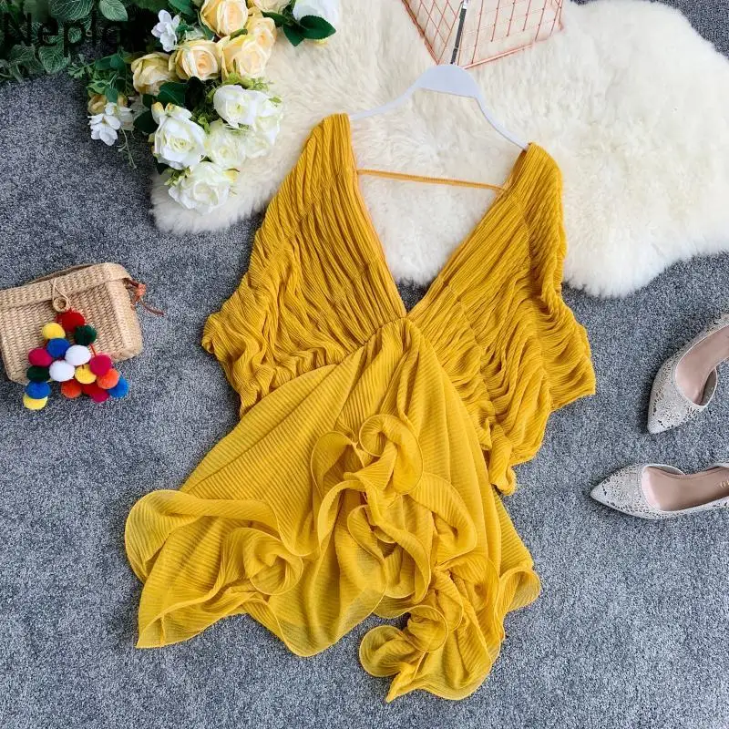 

Neploe Irregular Chiffon Women Blouse Summer 2019 New V-Neck Batwing Sleeve Blusa Sexy Backless Ladies Tops 44593