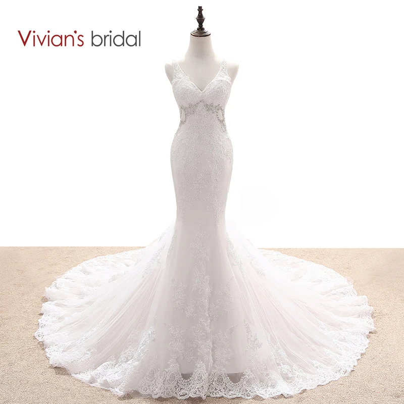 Buy Cheap Vivian's Bridal Multi Layers Mermaid Wedding Dress Beaded Sequin Lace V Neck Sleeveless Backless Wedding Gown WD55017