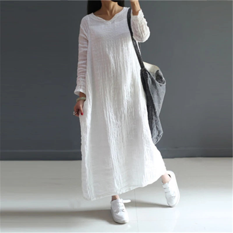 

Johnature Sweet Dress 2019 New Summer Women Cotton Linen Thin Breathable Solid Regular V-Neck Loose White Pink Dresses