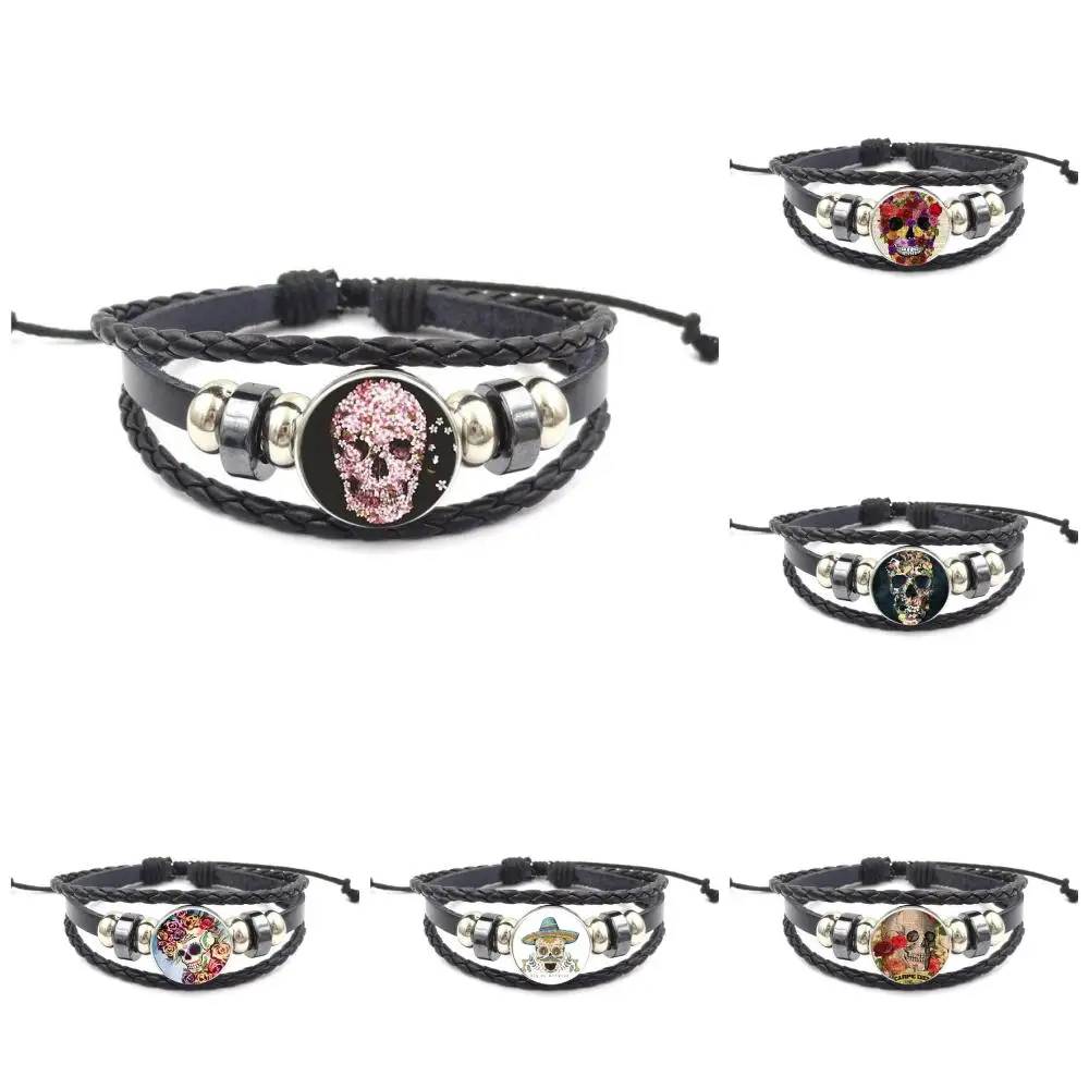 Ювелирные изделия черный кожаный браслет с бижутерия со стеклянными кабошонами