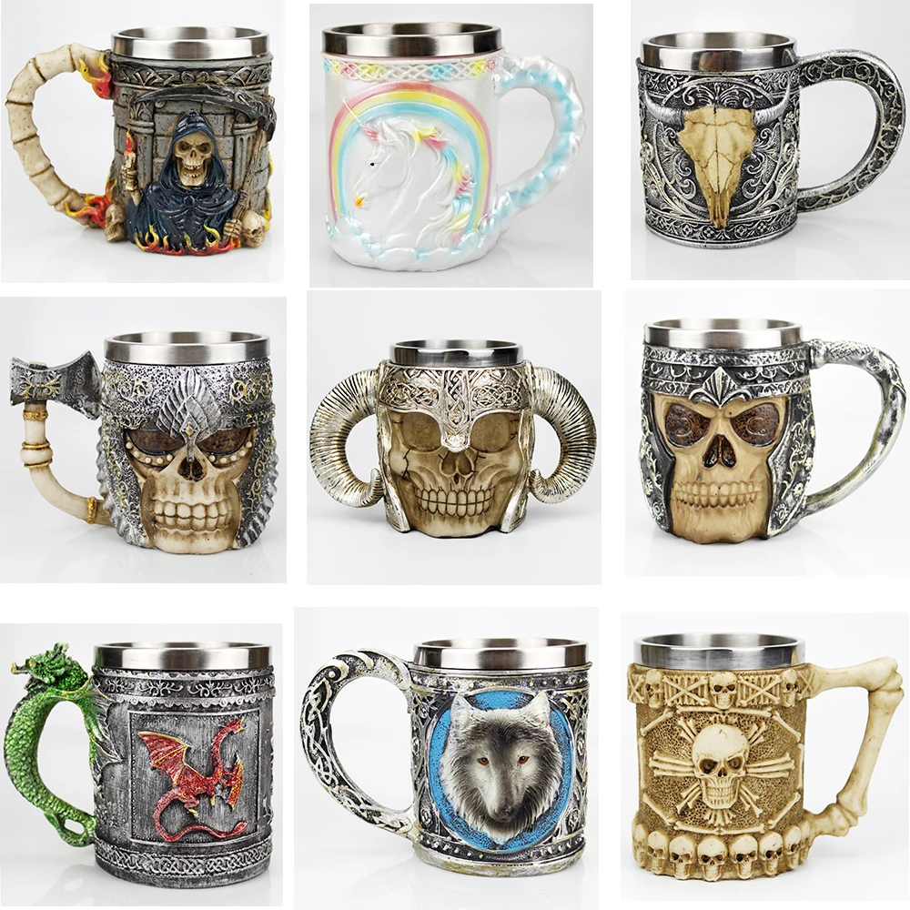 

Stainless Steel Skull Mug Viking Skeleton Wolf Knight Gothic Design Coffee Beer Tankard Mugs Christmas Halloween Gift 500ml