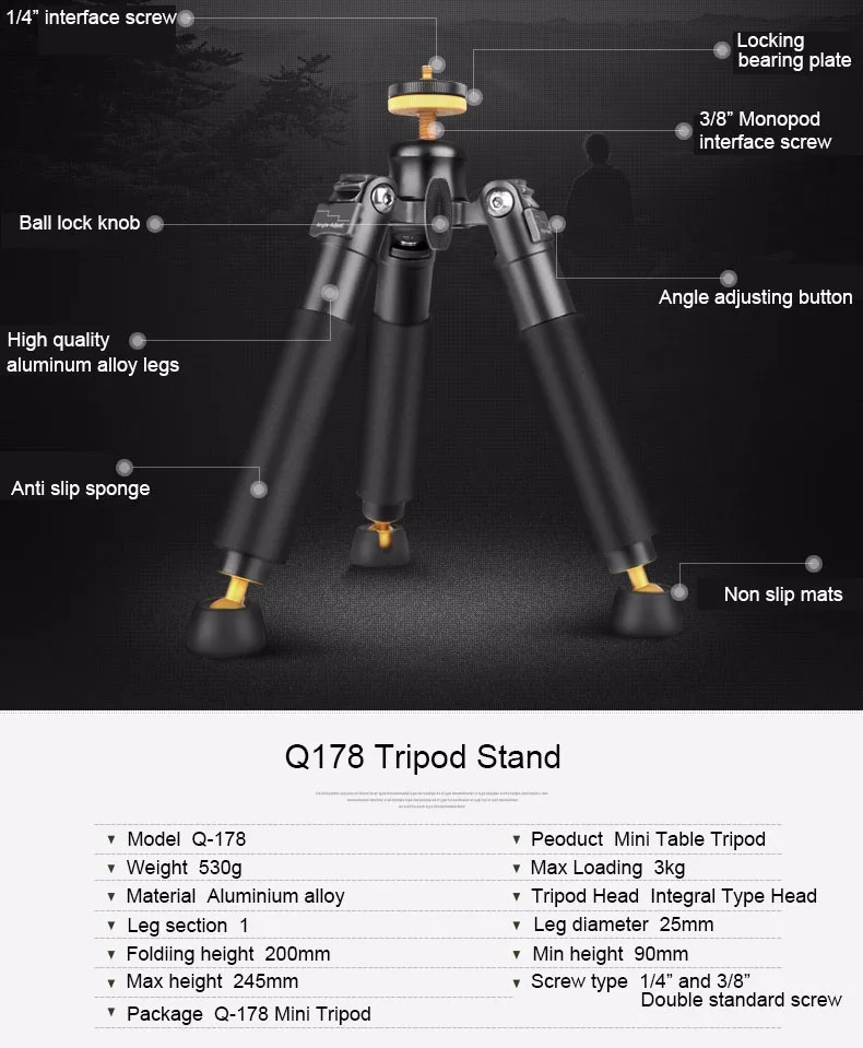 Q178 портативный мини штатив Настольный штатив подставка для монопода Canon Nikon sony DSLR камеры видео микро съемки